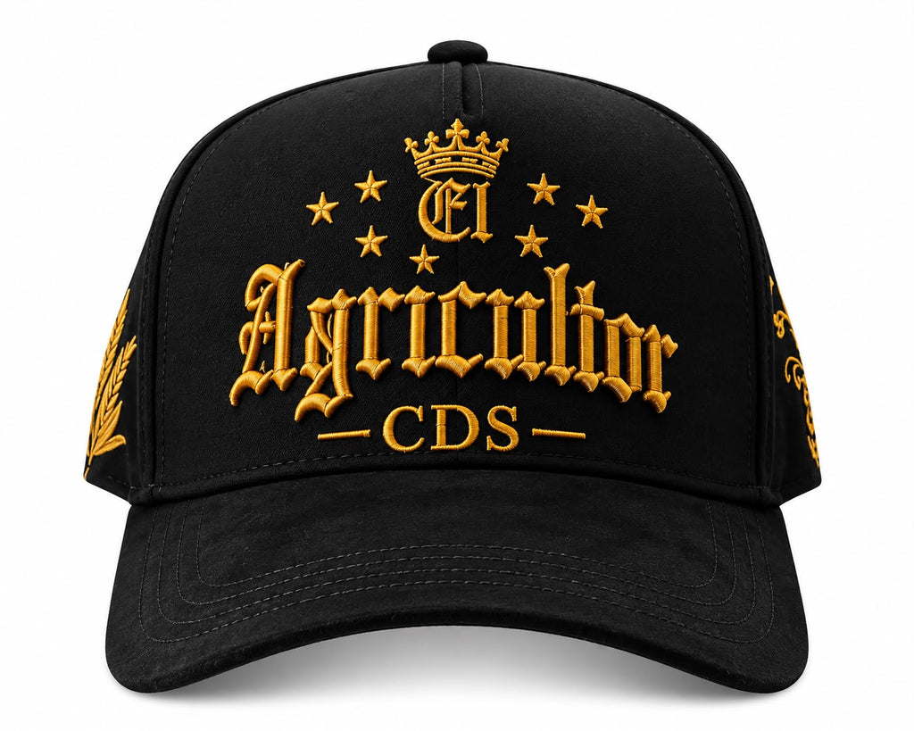 Gorra El Agricultor CDS bordada en negro y dorado